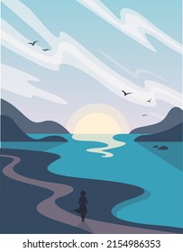 Beautiful vector landscape with sunset at sea and mountaines and girl on the road on the shore