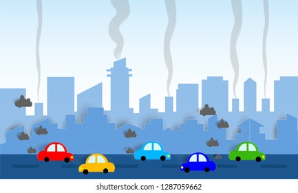 beautiful  vector landscape of toxins ,smoke from the factory, global warming problem cause, and many cars on the road in the city for background.