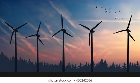 Beautiful vector landscape with wind turbines in the evening