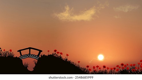 Linda paisagem vetorial com ponte de madeira, grama e flores do papa. Imagem de silhueta preta com papoulas vermelhas e céu de pôr do sol laranja com sol brilhante.