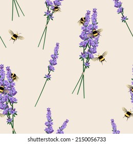 Beautiful vector lavender flower seamless pattern with bumblebee insects. Perfect for wallpapers, web page backgrounds, surface textures, textile.