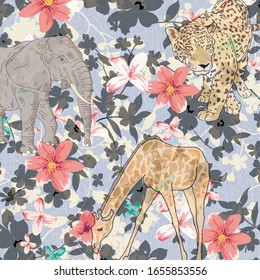 Beautiful vector Leopard pattern. spring summer background with tropical flowers, palm leaves, jungle leaf, hibiscus, paradise flower. 