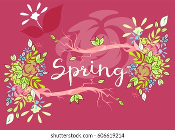 Beautiful vector lettering on spring season decorated with leaves and blossom flowers. Ideal for greeting cards, banners and posters
