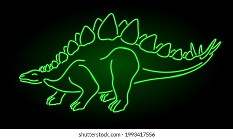 Beautiful vector linear illustration with colorful neon green stylized shiny stegosaurus silhouette on the dark background