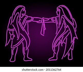 Hermosa ilustración vectorial lineal con colorido neón rosa brillante arte tribal con dos siluetas de personas antiguas en el fondo oscuro