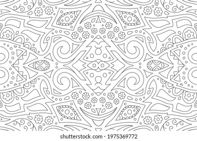 Beautiful vector linear illustration for coloring book with abstract black pattern with stylized flowers on the white background
