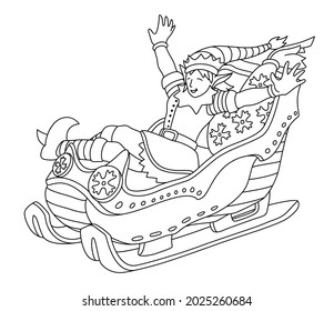 Beautiful vector linear illustration for coloring book page with cartoon christmas elf on the sleigh isolated on the white background