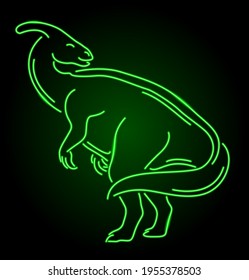 Beautiful vector linear illustration with neon green stylized shiny parasaurolof silhouette on the dark background