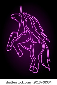 Beautiful vector linear illustration with stylized neon pink cartoon unicorn on the dark background