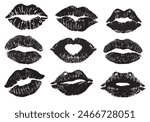 Beautiful vector lip imprint set. Isolated on white. Realistisch vector kiss in black color. Women's lips lipstick kiss print set for valentine day and love illustration. Human lips.