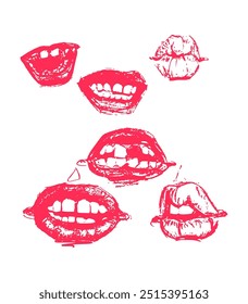 Schönes Vektorlippenabdruckset. Einzeln auf weiß. Realistischer Vektorkuss in schwarzer Farbe. Damenlippen Lippenstift Kiss Print Set für Valentinstag und Liebesdarstellung. Menschliche Lippen.