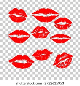 Belo conjunto de impressão labial vetorial. Isolado em plano de fundo transparente. Realistisch beijo vetor em cor vermelha. Mulheres lábios batom beijo de impressão definido para dia dos namorados e ilustração de amor. lábios humanos.
