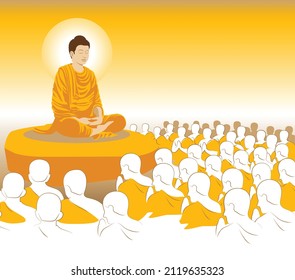 beautiful Vector of Lord of Buddha Enlightenment mediating sitting with crowd of monk for Makha, Visakha, Asarnha Bucha, Visak and buddhist lent day asian religion holiday retro style gold background