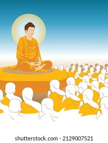 beautiful Vector of Lord of Buddha Enlightenment mediating sitting with crowd of monk for Makha, Visakha, Asarnha Bucha, Visak and buddhist lent day asian religion holiday retro style blue background