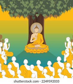 hermoso Vector de la Ilustración del Señor de Buda mediando sentado con una multitud de monjes bajo el árbol bodhi para Makha, Visakha, Asarnha Bucha, Visak y budista prestado día feriado de religión asiática estilo retro