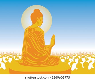 beautiful Vector of Lord of Buddha Enlightenment mediating sitting with crowd of monk on the rock for Makha, Visakha, Asarnha Bucha, Visak and buddhist lent day asian religion holiday retro style