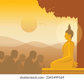 hermoso Vector de la Ilustración del Señor de Buda mediando sentado con una multitud de monjes bajo el árbol bodhi para Makha, Visakha, Asarnha Bucha, Visak y budista prestado día feriado de religión asiática estilo retro