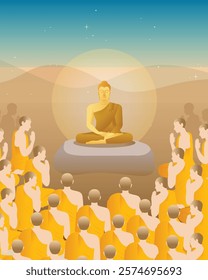 beautiful Vector of Lord of Buddha Enlightenment mediating sitting with crowd of monk for Makha, Visakha, Asarnha Bucha, Visak and buddhist lent day asian religion holiday retro style