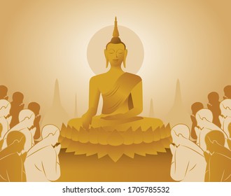 wunderschöne Vektorillustration des Herren des Goldes en Buddha Aufklärung, die auf der Lotusblume mit Mönchsmasse für Makha, Visakha, Asarnha Bucha, Visak und buddhistisch geliehener Tag asia Urlaub Vintage Retro