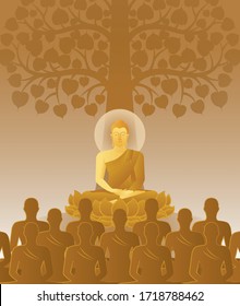 beautiful Vector of Lord of golden Buddha Enlightenment mediating sitting on lotus flower under the Bodhi three with crowd of monk for Makha, Visakha, Asarnha Bucha, Visak and buddhist lent day 