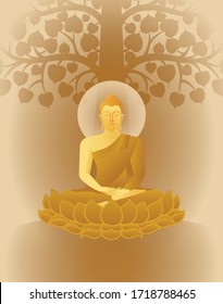 beautiful Vector of Lord of golden Buddha Enlightenment mediating sitting on lotus flower under the Bodhi three for Makha, Visakha, Asarnha Bucha, Visak and buddhist lent day, harmony tone color