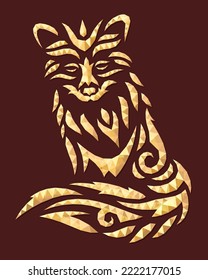 Schöne Vektorgrafik mit Low-Poly-Illustration mit bunter, goldverzierter Foxsilette auf violettem Hintergrund