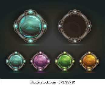 Beautiful vector magic shiny round buttons on dark background, gui assets with colorful middles