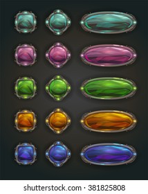 Beautiful vector magic shiny stone buttons on dark background, gui assets with colorful middles