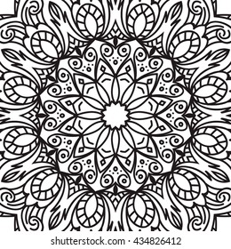 Beautiful Vector Mandala background. Black drawing isolated on white. Design for coloring book page for kids and adults. Patterned Design Element.