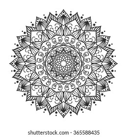 Beautiful Vector Mandala. Black drawing isolated on white. Design for coloring book page for kids and adults. Patterned Design Element. Zentangle style 