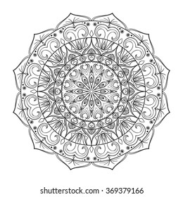 Beautiful Vector Mandala. Black drawing isolated on white. Design for coloring book page for kids and adults. Patterned Design Element. Zentangle style