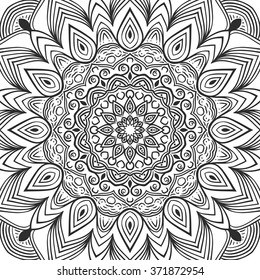 Beautiful Vector Mandala. Black drawing isolated on white. Design for coloring book page for kids and adults. Patterned Design Element.