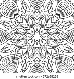 Beautiful Vector Mandala. Black drawing isolated on white. Design for coloring book page for kids and adults. Patterned Design Element.
