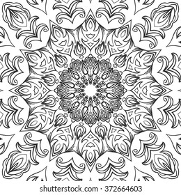 Beautiful Vector Mandala. Black drawing isolated on white. Design for coloring book page for kids and adults. Patterned Design Element.