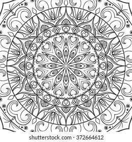 Beautiful Vector Mandala. Black drawing isolated on white. Design for coloring book page for kids and adults. Patterned Design Element.