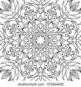 Beautiful Vector Mandala. Black drawing isolated on white. Design for coloring book page for kids and adults. Patterned Design Element.