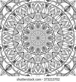 Beautiful Vector Mandala. Black drawing isolated on white. Design for coloring book page for kids and adults. Patterned Design Element.