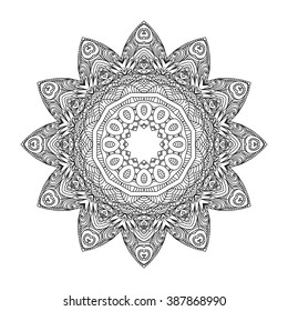 Beautiful Vector Mandala. Black drawing isolated on white. Design for coloring book page for kids and adults. Patterned Design Element. Zentangle style