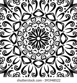 Beautiful Vector Mandala. Black drawing isolated on white. Design for coloring book page for kids and adults. Patterned Design Element.