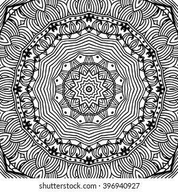 Beautiful Vector Mandala. Black drawing isolated on white. Design for coloring book page for kids and adults. Patterned Design Element.
