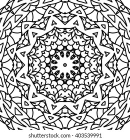 Beautiful Vector Mandala. Black drawing isolated on white. Design for coloring book page for kids and adults. Patterned Design Element.