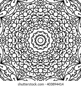 Beautiful Vector Mandala. Black drawing isolated on white. Design for coloring book page for kids and adults. Patterned Design Element.