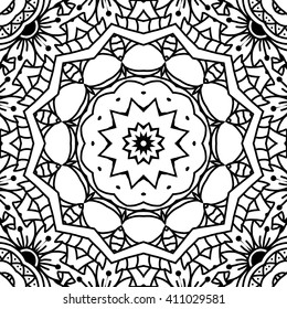 Beautiful Vector Mandala. Black drawing isolated on white. Design for coloring book page for kids and adults. Patterned Design Element.