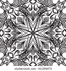 Beautiful Vector Mandala. Black drawing isolated on white. Design for coloring book page for kids and adults. Patterned Design Element.