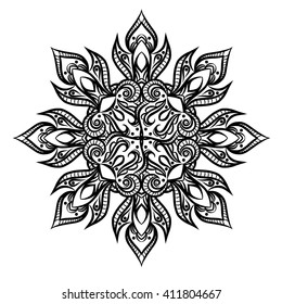 Beautiful Vector Mandala. Black drawing isolated on white. Design for coloring book page for kids and adults. Patterned Design Element. Zentangle style
