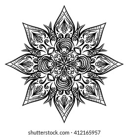 Beautiful Vector Mandala. Black drawing isolated on white. Design for coloring book page for kids and adults. Patterned Design Element. Zentangle style