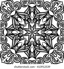 Beautiful Vector Mandala. Black drawing isolated on white. Design for coloring book page for kids and adults. Patterned Design Element.