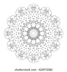 Beautiful Vector Mandala. Black drawing isolated on white. Design for coloring book page for kids and adults. Patterned Design Element. Zentangle style