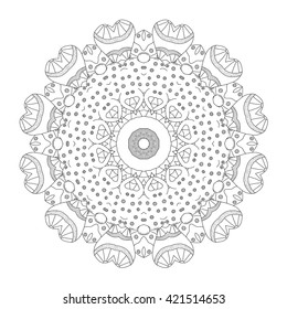 Beautiful Vector Mandala. Black drawing isolated on white. Design for coloring book page for kids and adults. Patterned Design Element. Zentangle style