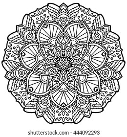 Beautiful Vector Mandala. Black drawing isolated on white. Design for coloring book page for kids and adults. Patterned Design Element. Zentangle style